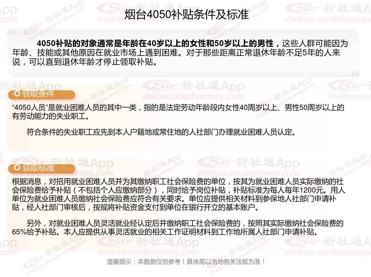 2023~2024年烟台4050补贴达到什么条件才能领取？烟台4050补贴每月多少钱