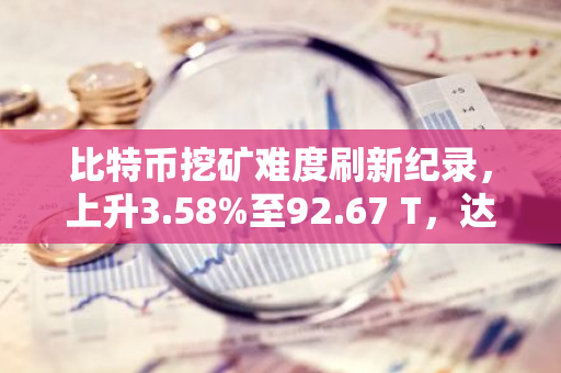 比特币挖矿难度刷新纪录，上升3.58%至92.67 T，达到历史新高点