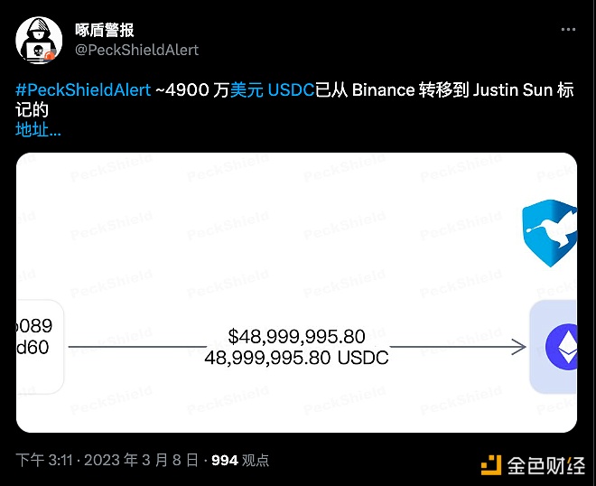 近4900万枚USDC从币安转至孙宇晨地址