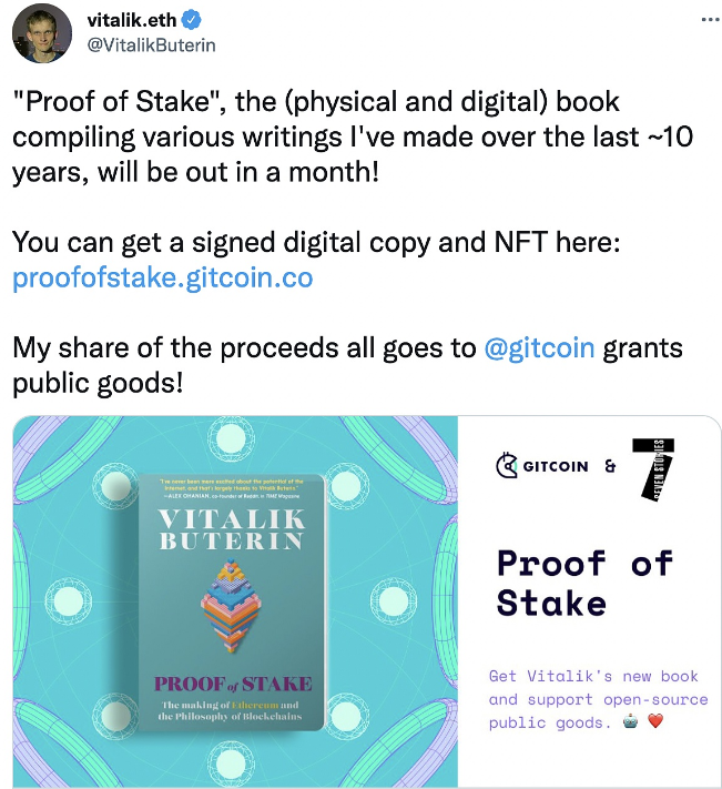 V神：新书《Proof of Stake》即将出版，读者可在Gitcoin上捐赠并获取纪念NFT