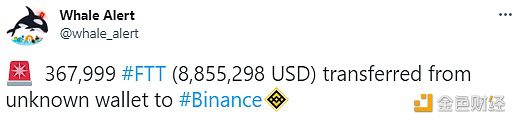 数据：367,999枚FTT从未知钱包转移到Binance