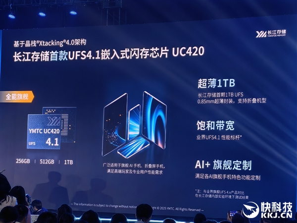 长江存储首款晶栈4.0 UFS 4.1芯片：0.85毫米超薄做到1TB