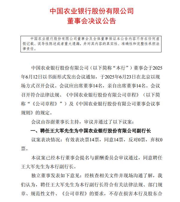 农业银行：聘任王大军为副行长