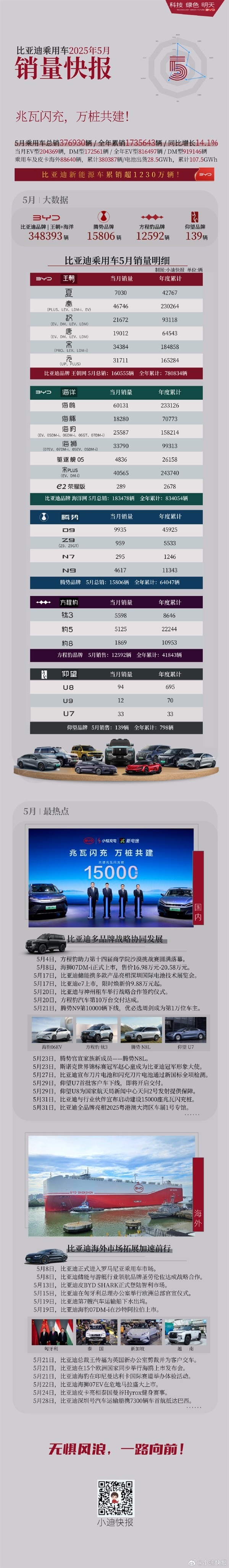 比亚迪5月销量再攀高峰，海鸥力压群雄蝉联销冠