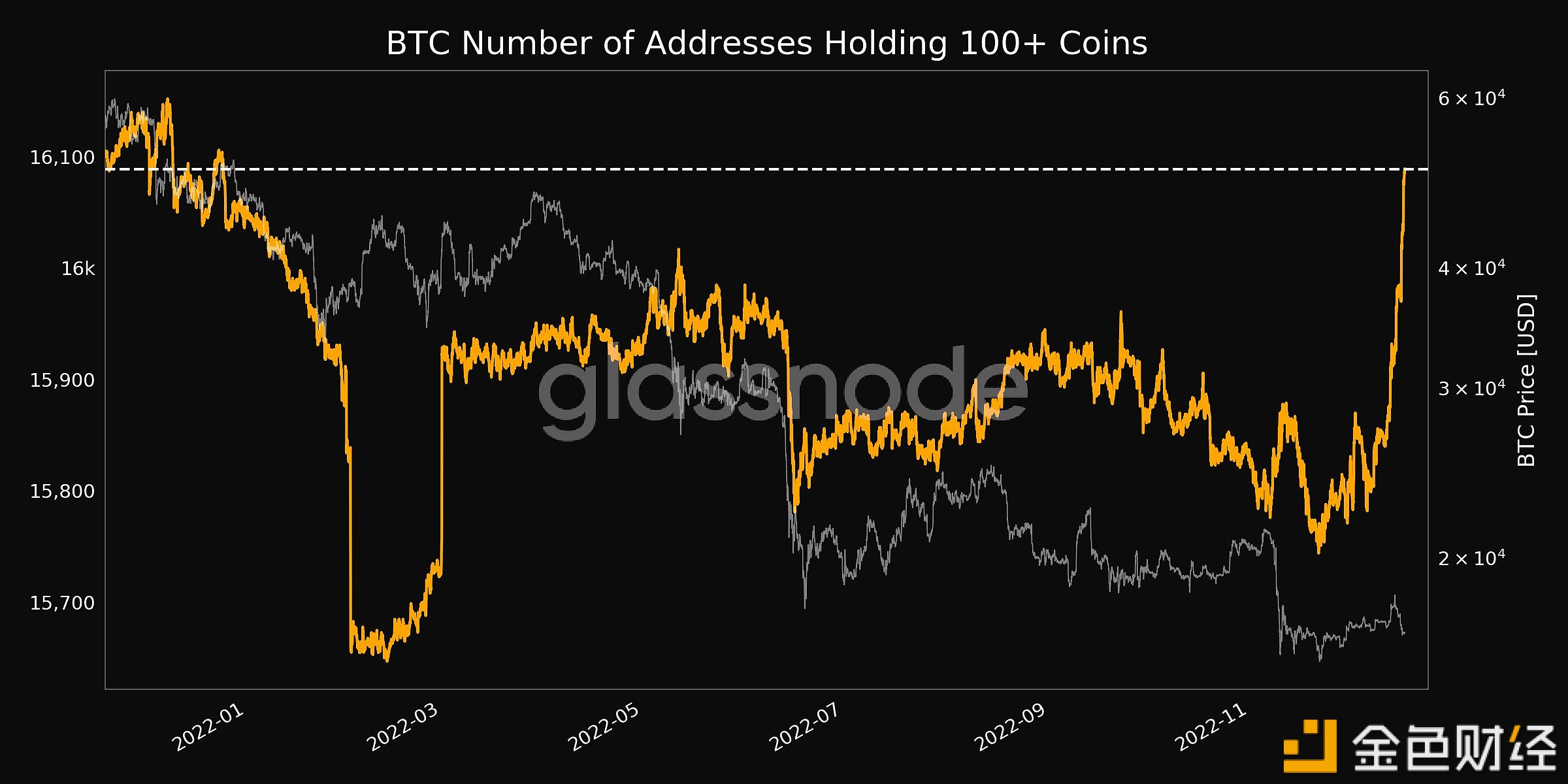 数据：持有超过100枚BTC的地址数量创11个月新高
