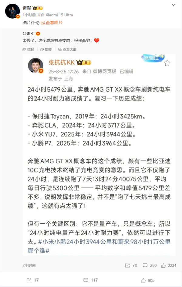 奔驰刷新纯电车24小时耐力赛成绩 雷军直呼有点变态：太强了