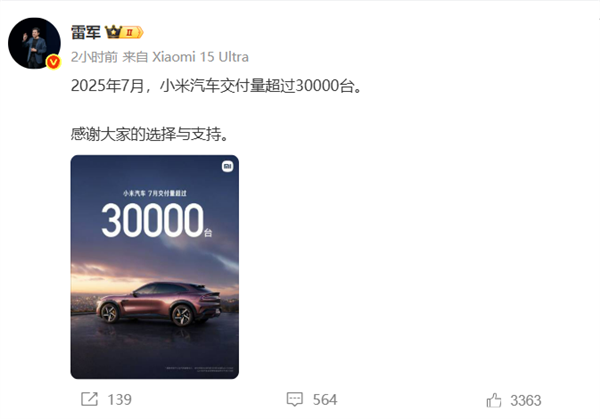 历史新高！7月交付首次突破3万台 小米汽车成功最应该感谢的是特斯拉
