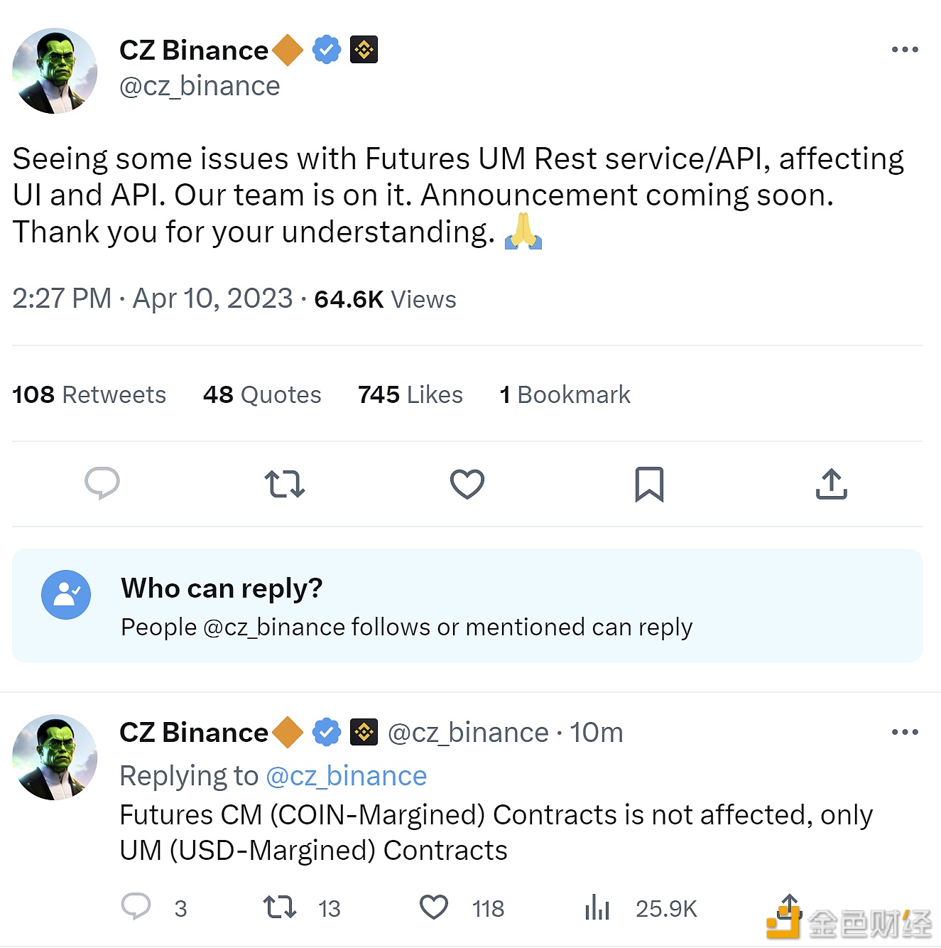 赵长鹏：BinanceU本位期货合约服务/API出现问题，正着手解决