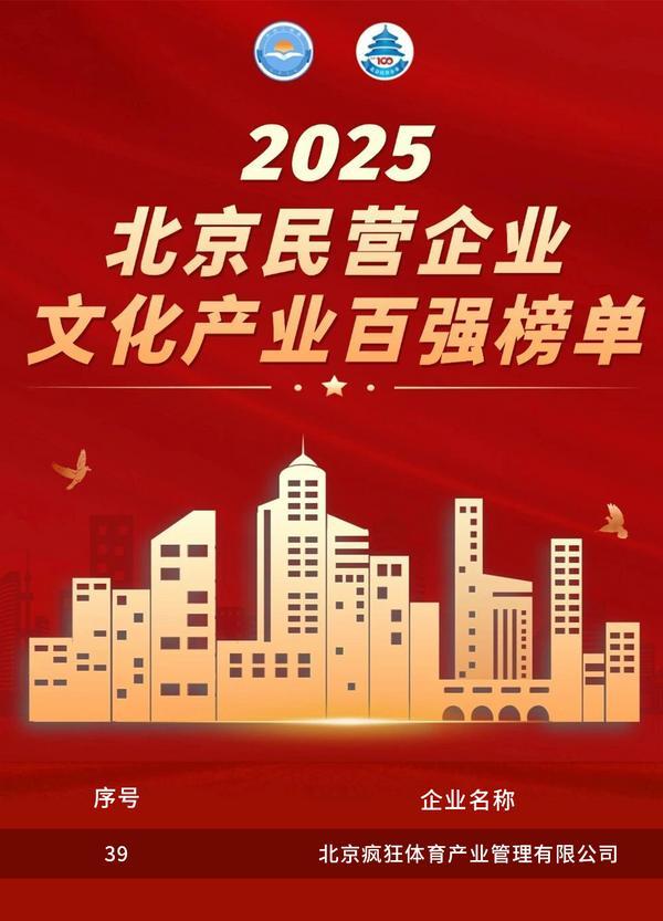 五年登榜，再启新程！疯狂体育连续五年荣登北京民营企业文化产业百强榜单