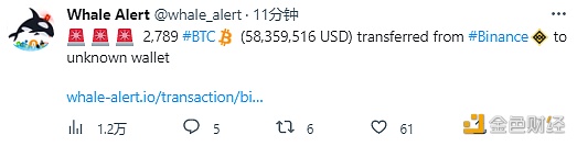 数据：2,789 BTC从Binanc转移到未知钱包